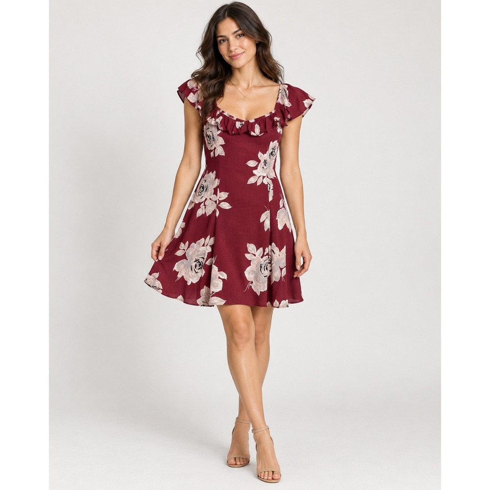 Le Chateau Burgundy Floral Off Shoulder Ruffle Mini Dress XS